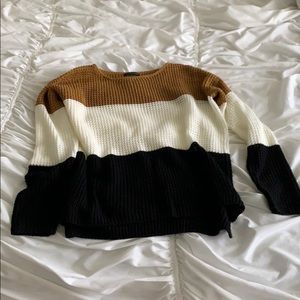 Dry goods sweater, bleach, burnt yellow, and white